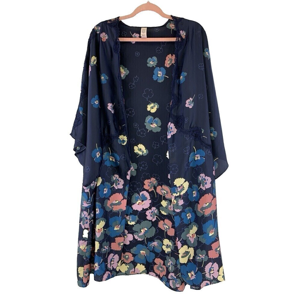 Victorias Secret Satin Kimono Robe Floral Lace Trim Navy Purple Open Size Medium